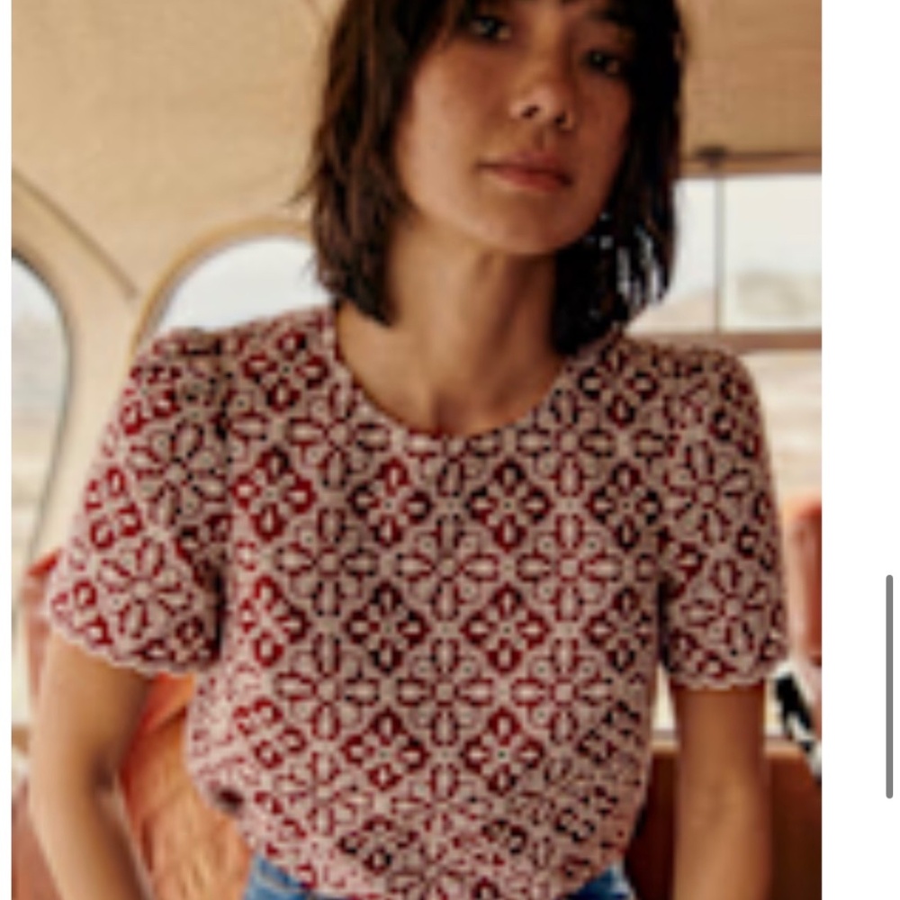 Sezane Annabelle Blouse Contrasting Embroidery Burgundy Ecru - Size 6
